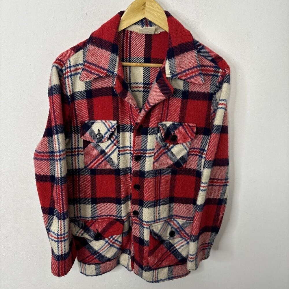 Vintage Career Club 70s Men S 14-14.5‎ Red Plaid Shacket Button Shirt Wool Blend